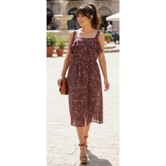 NWT!! BOBEAU - Burgundy sleeveless front ruffle floral dress - Picture 2 of 11